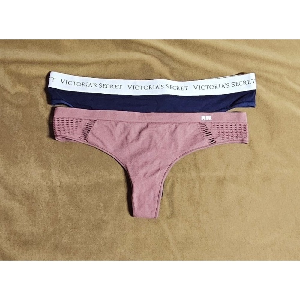 Victoria's Secret PINK Thong Set Navy Logo & Mauve Seamless Cutout NWT Large XL